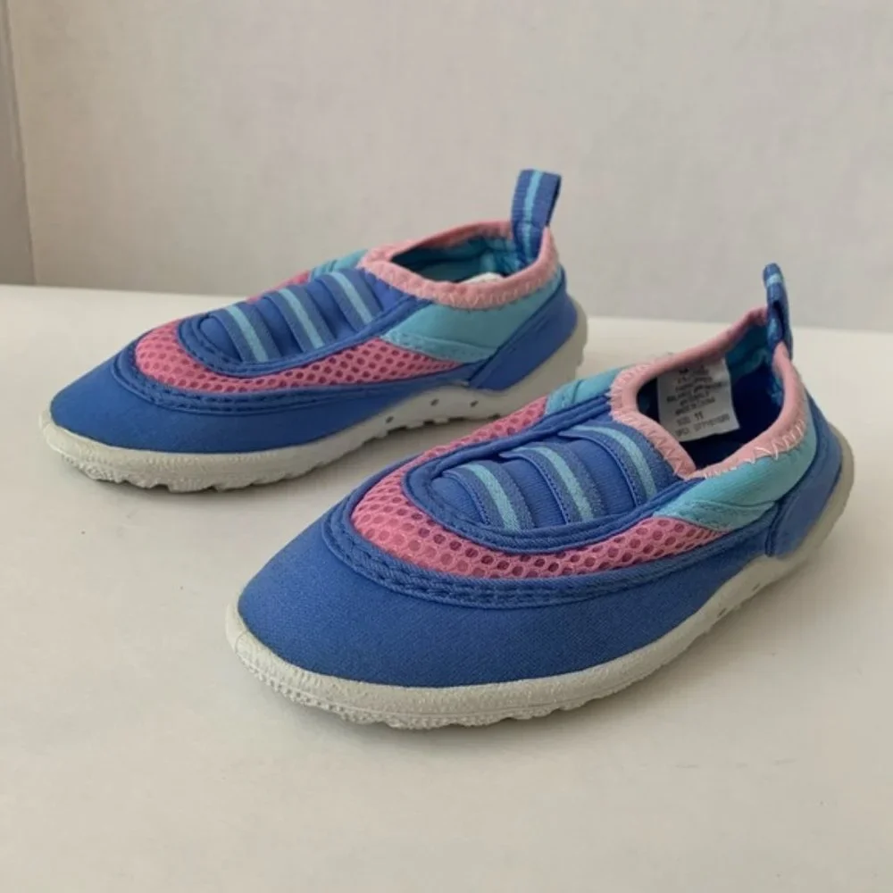 Vintage NWOT Water Shoes Toddler Girls 11 Blue Pink Pool Rubber Non-Slip Bottoms